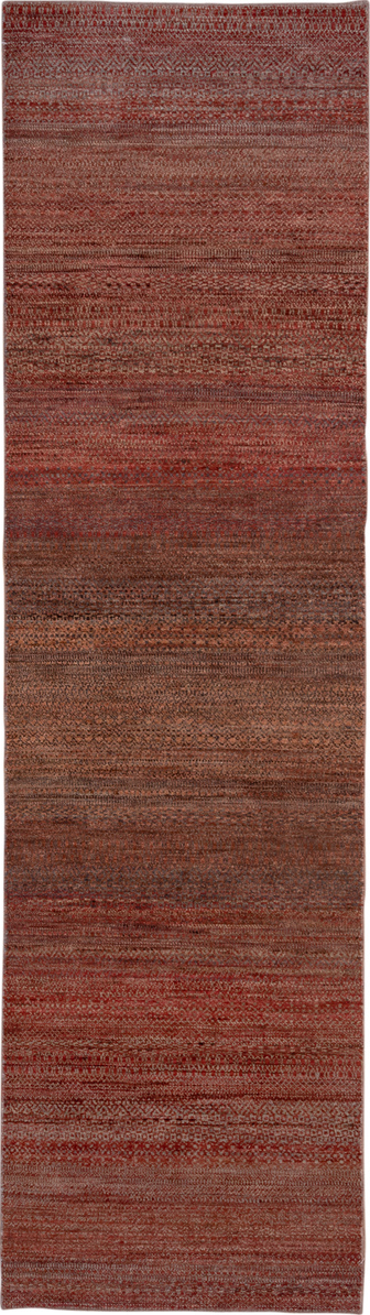 2' x 10' one-of-a-kind handmade vintage Gabbe runner rug. Color palette: brown, off-white, pink, red, redwood, snow, white