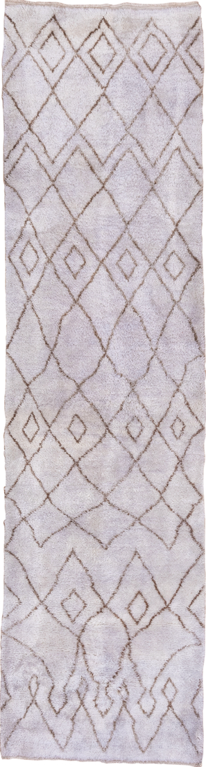 3' x 11' one-of-a-kind handmade vintage Moroccan runner rug. Color palette: brown, gainsboro, gray, light gray, off-white