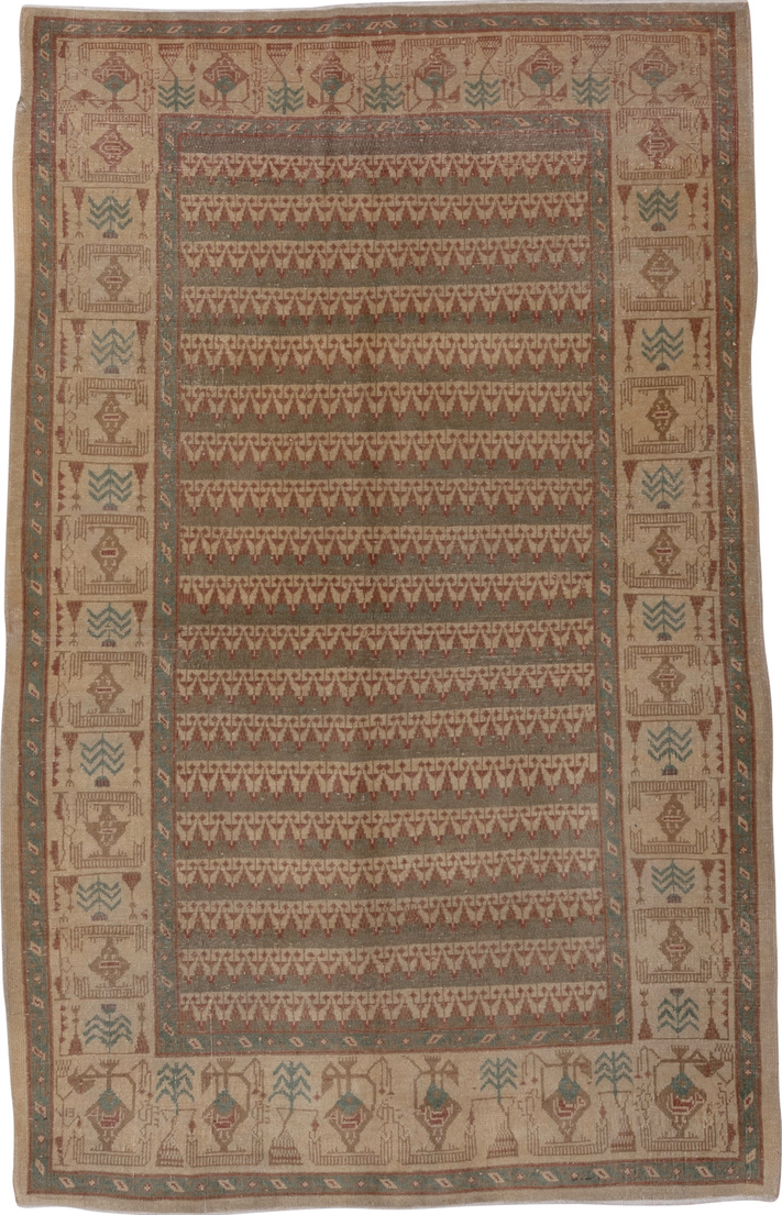 5' x 7' one-of-a-kind handmade vintage Oushak rug. Color palette: brown, gray, pink