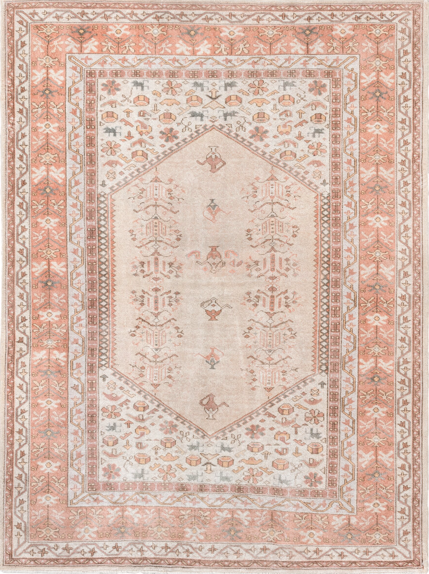5' x 6' one-of-a-kind handmade vintage Melas rug. Color palette: antiquewhite, brown, gray, light gray, linen, off-white