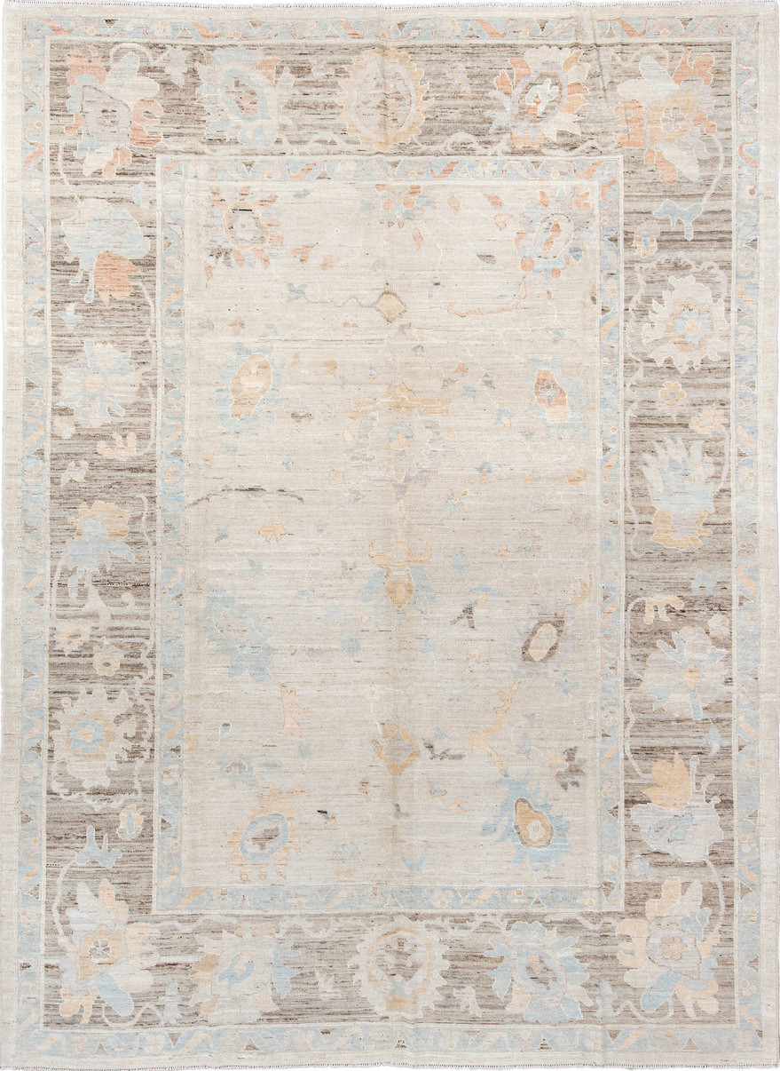 10' x 13' one-of-a-kind handmade vintage Oushak large size rug. Color palette: brown, gray, off-white, pink, light gray