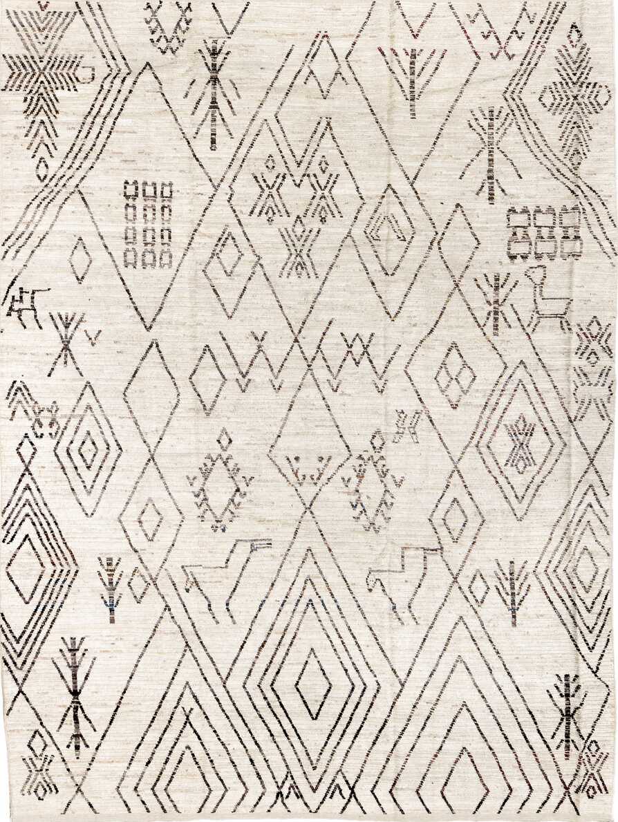 10' x 14' one-of-a-kind handmade vintage Tulu large size rug. Color palette: dark gray, gray, light gray, linen, off-white