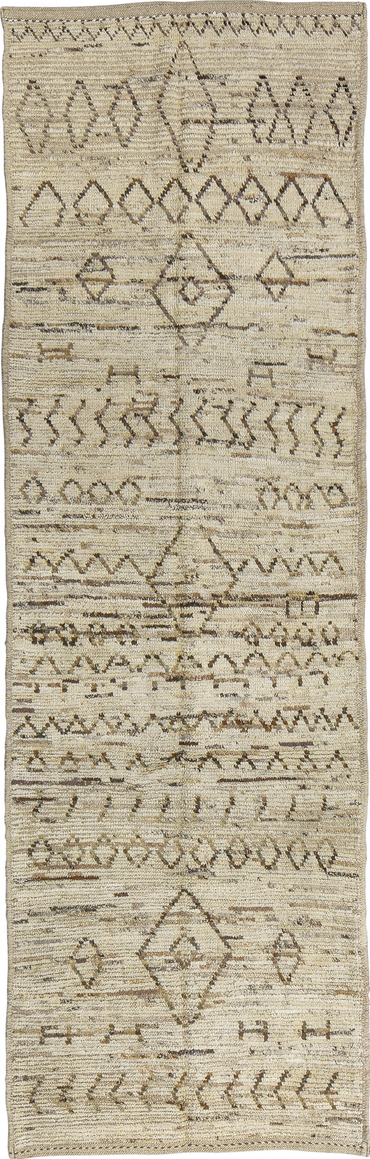 3' x 9' one-of-a-kind handmade vintage Tulu runner rug. Color palette: brown, dark gray, gray, light gray, off-white, silver