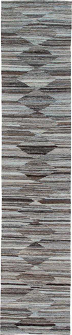 3' x 13' one-of-a-kind handmade vintage Kilim runner rug. Color palette: black, brown, charcoal, dim gray, gray, light blue