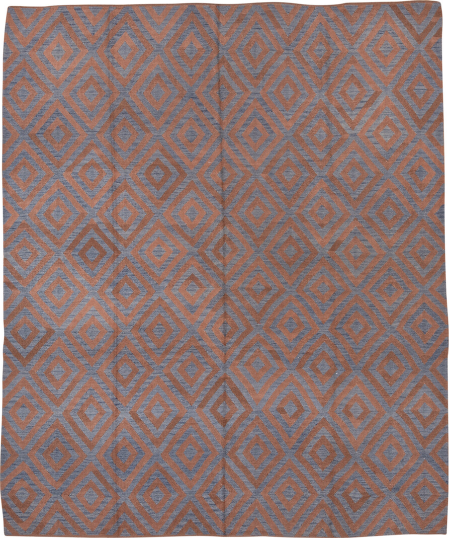 8' x 10' one-of-a-kind handmade vintage Kilim large size rug. Color palette: blue, brown, dim gray, gray, light gray