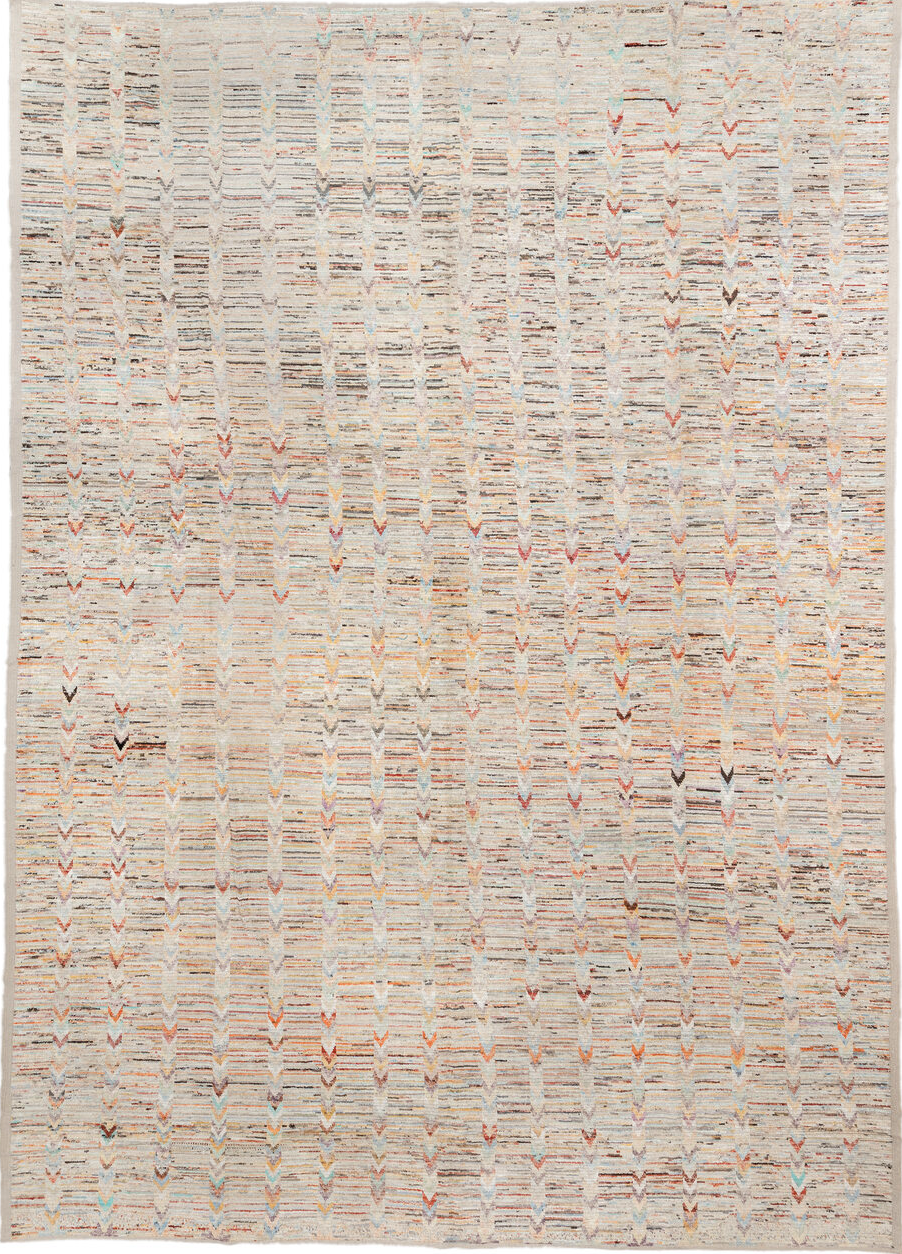 13' x 19' one-of-a-kind handmade vintage Tulu oversize rug. Color palette: brown, pink, gray, off-white, light gray, orange
