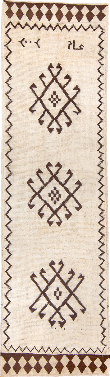 3' x 10' one-of-a-kind handmade vintage Kars runner rug. Color palette: antiquewhite, brown, gray, light gray, linen