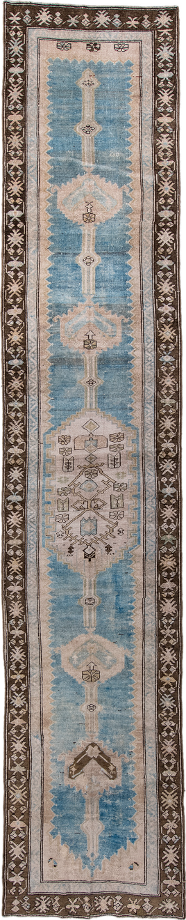2' x 14' one-of-a-kind handmade vintage NW Persian runner rug. Color palette: black, blue, brown, gray, light blue