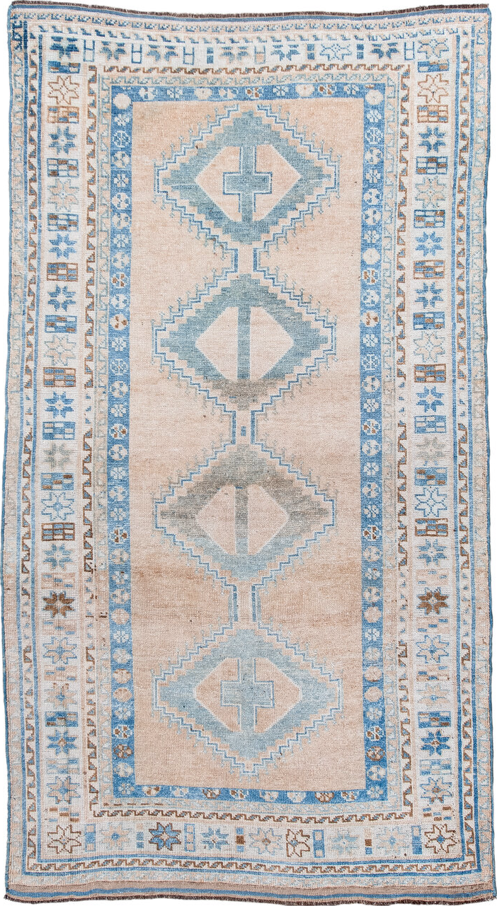 4' x 7' one-of-a-kind handmade vintage Gabbe rug. Color palette: blue, brown, dark gray, gray, light blue, light gray