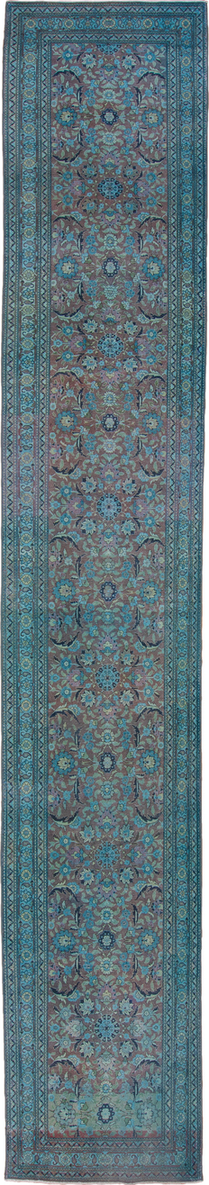 3' x 19' one-of-a-kind handmade vintage Sivas runner rug. Color palette: black, blue, dim gray, gray, off-white, snow, white
