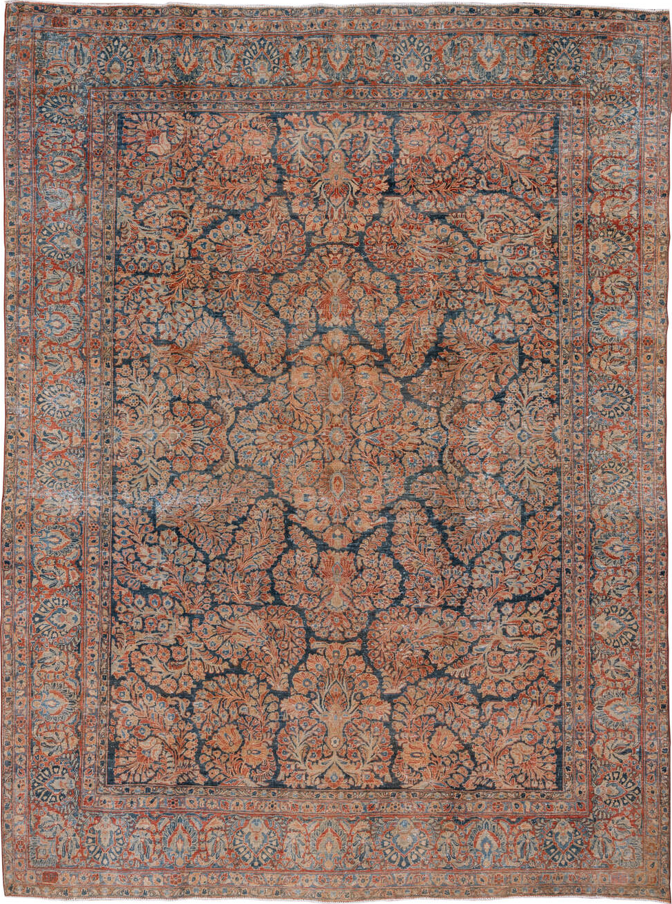 8' x 11' one-of-a-kind handmade vintage Sarouk large size rug. Color palette: black, blue, brown, charcoal, gray, light gray