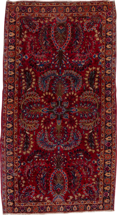 2' x 5' one-of-a-kind handmade vintage Sarouk small size rug. Color palette: brown, gray, pink, red