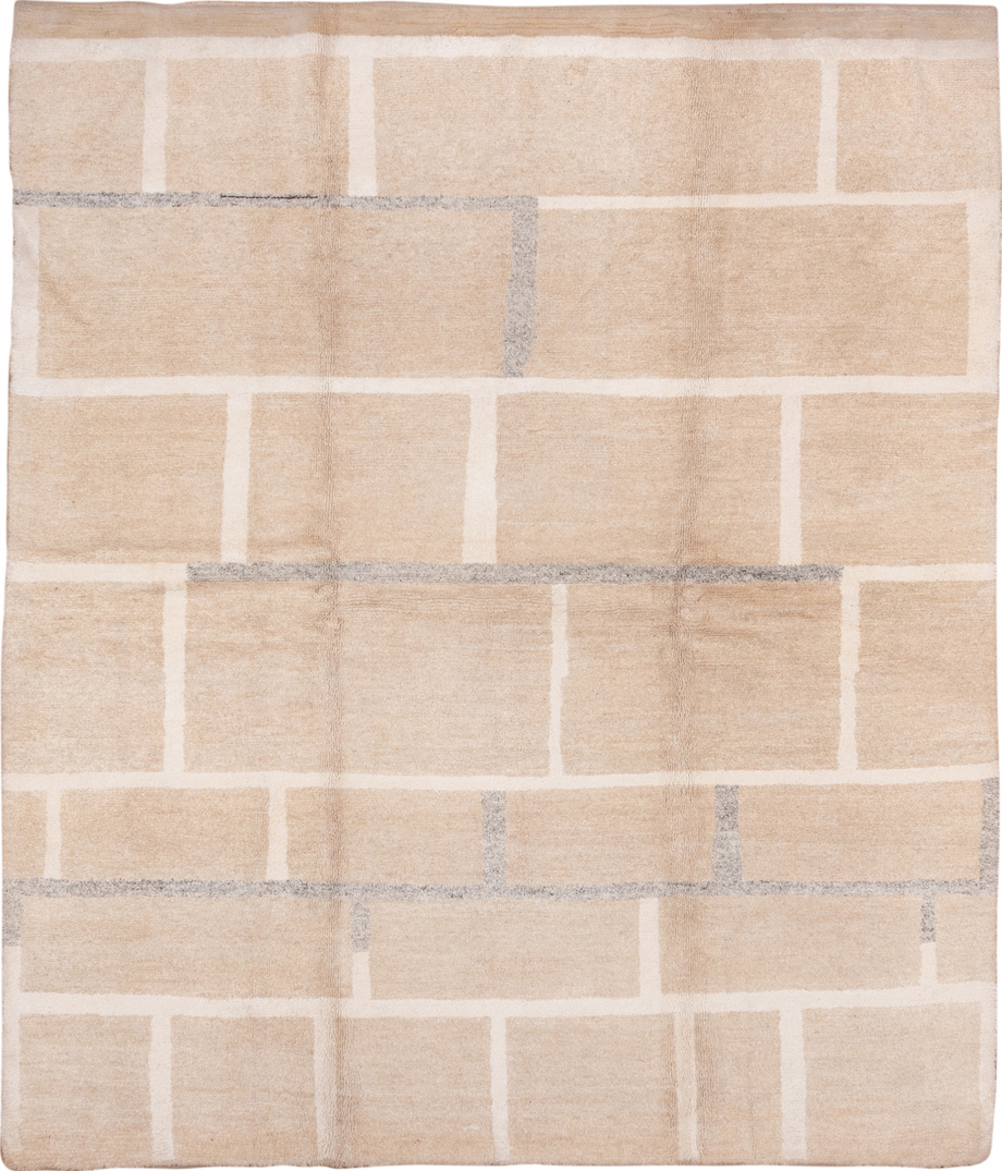 8' x 9' one-of-a-kind handmade vintage Contemporary rug. Color palette: brown, gray, light gray, off-white, orange, pink