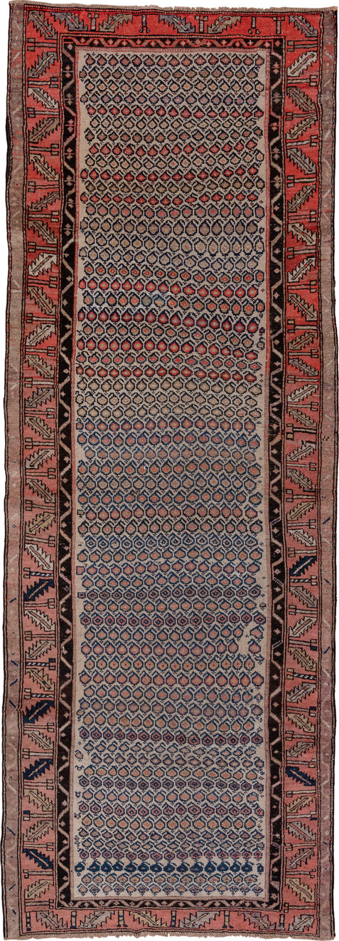 4' x 10' one-of-a-kind handmade vintage Malayer runner rug. Color palette: black, blue, brown, charcoal, gray, pink, red