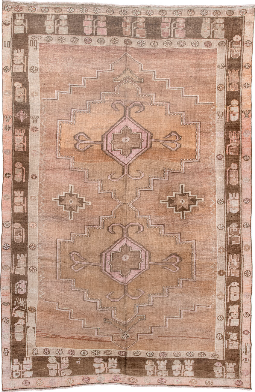7' x 10' one-of-a-kind handmade vintage Kars large size rug. Color palette: brown, gray, light gray, off-white, orange, pink