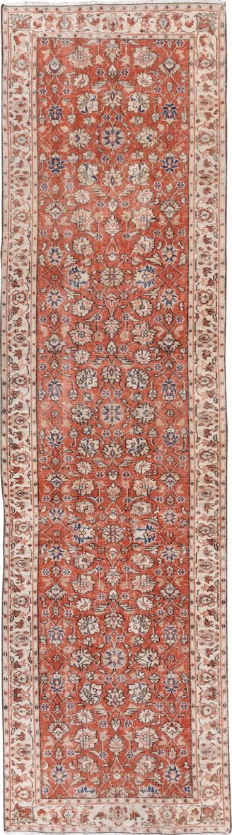 3' x 11' one-of-a-kind handmade vintage Oushak runner rug. Color palette: brown, gray, light gray, off-white, pink, red