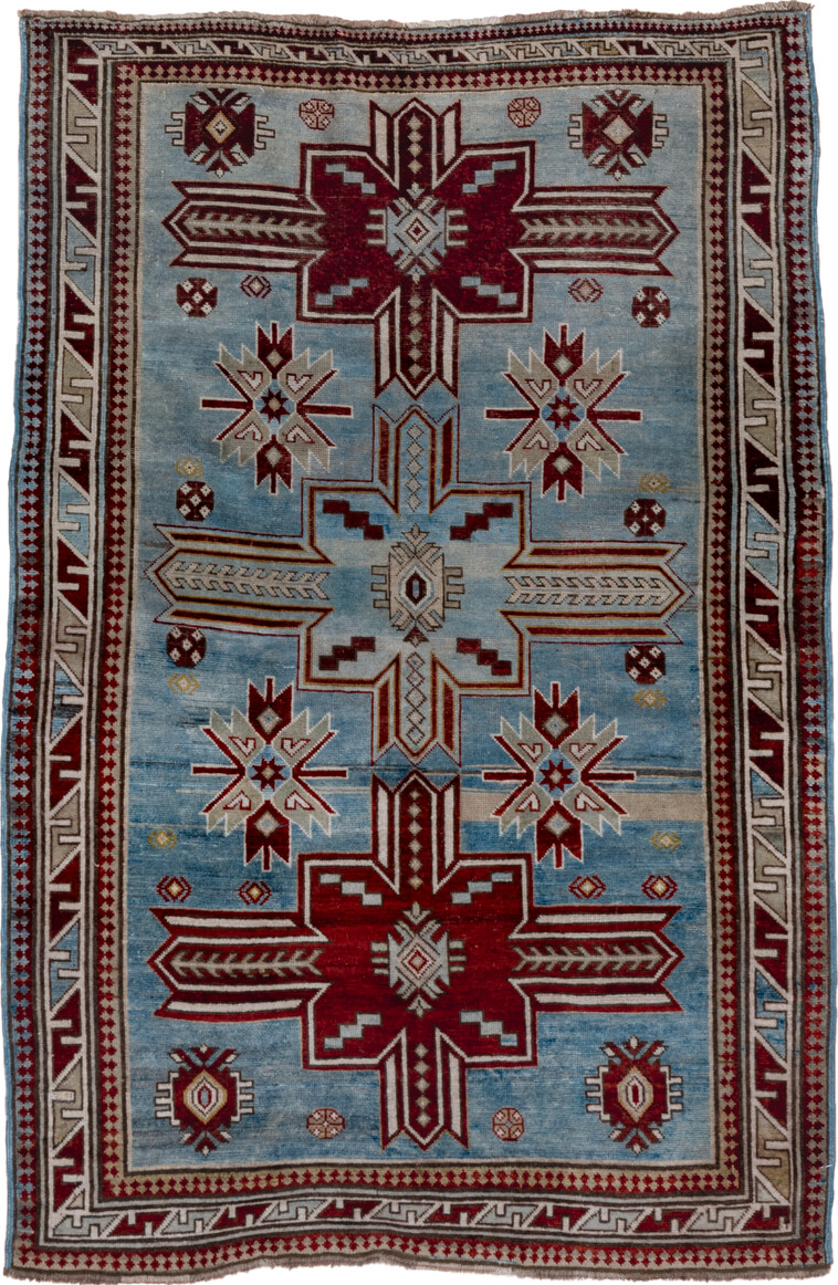3' x 5' one-of-a-kind handmade vintage Shirvan small size rug. Color palette: arapawa, blue, brown, gray, light blue