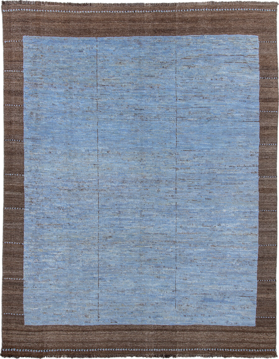 9' x 12' one-of-a-kind handmade vintage Tulu large size rug. Color palette: black, blue, brown, gray, light blue, light gray