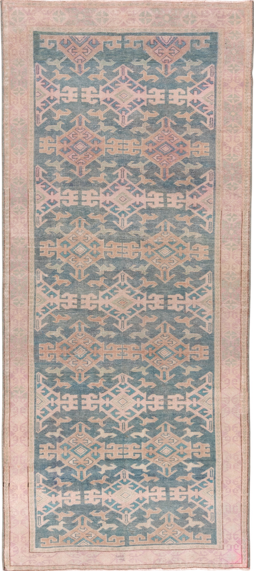 4' x 11' one-of-a-kind handmade vintage Oushak runner rug. Color palette: dark gray, gray, light gray, off-white, pink