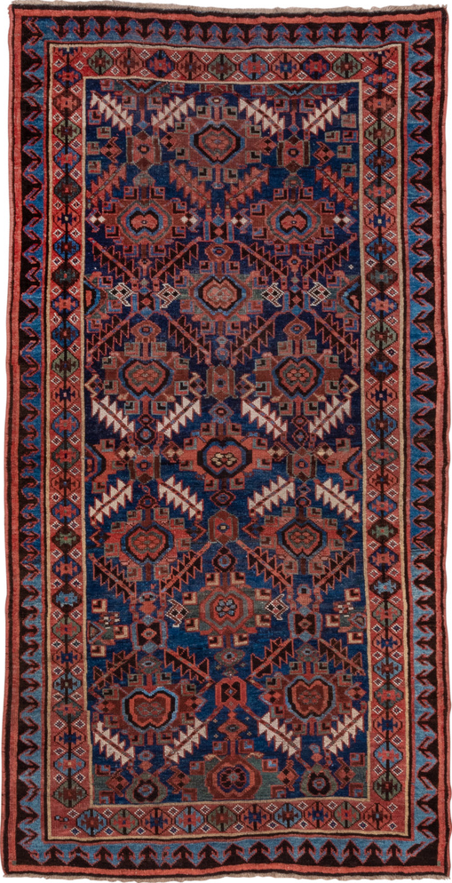 4' x 7' one-of-a-kind handmade vintage NW Persian rug. Color palette: blue, brown, fiord, gray, pink, red, slate gray