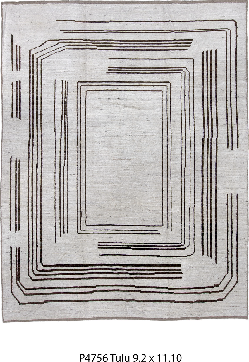 9' x 11' one-of-a-kind handmade vintage Tulu large size rug. Color palette: black, blue, brown, dark gray, gray, light blue