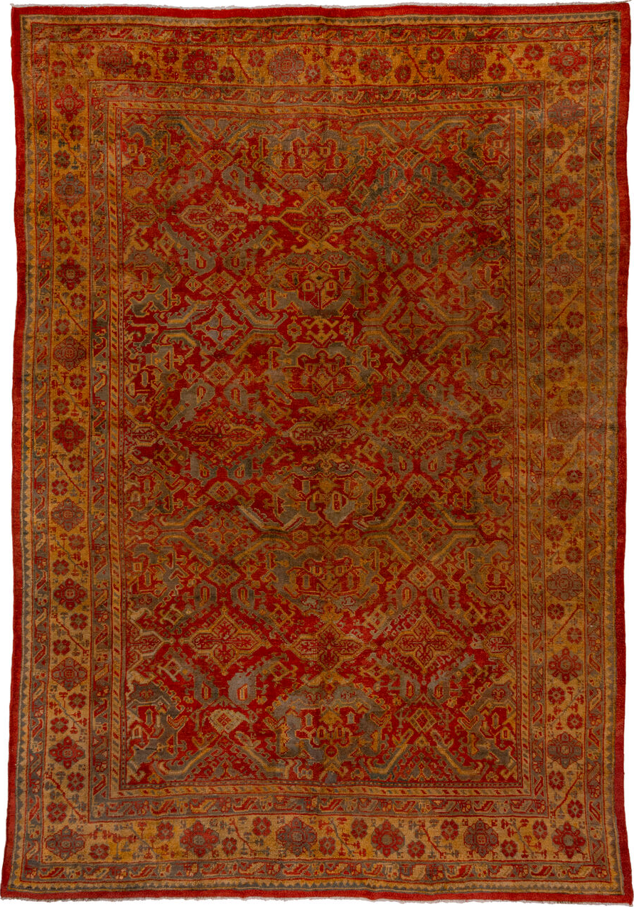 10' x 15' one-of-a-kind handmade vintage Oushak rug. Color palette: brown, dark red, gray, off-white, pink, red