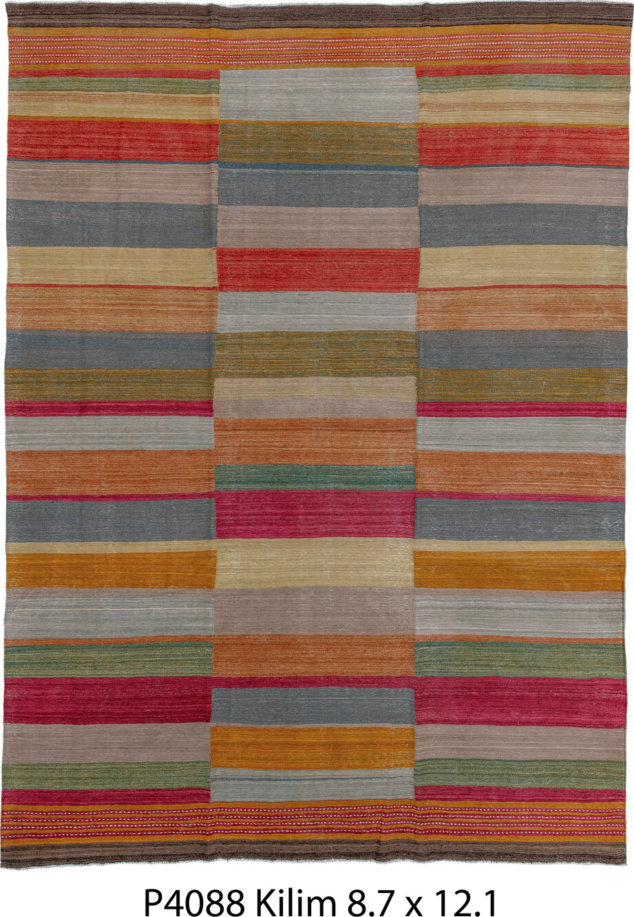8' x 12' one-of-a-kind handmade vintage Kilim large size rug. Color palette: brown, dark gray, dim gray, gray, light gray