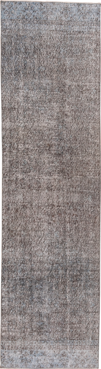 2' x 9' one-of-a-kind handmade vintage Overdyed runner rug. Color palette: black, charcoal, dark gray, dim gray, gray