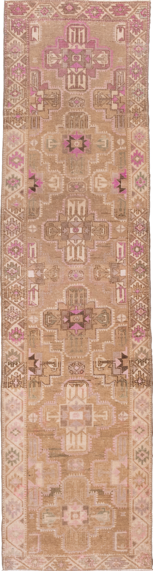 2' x 10' one-of-a-kind handmade vintage Malayer runner rug. Color palette: brown, off-white, orange, pink, snow, tan, white