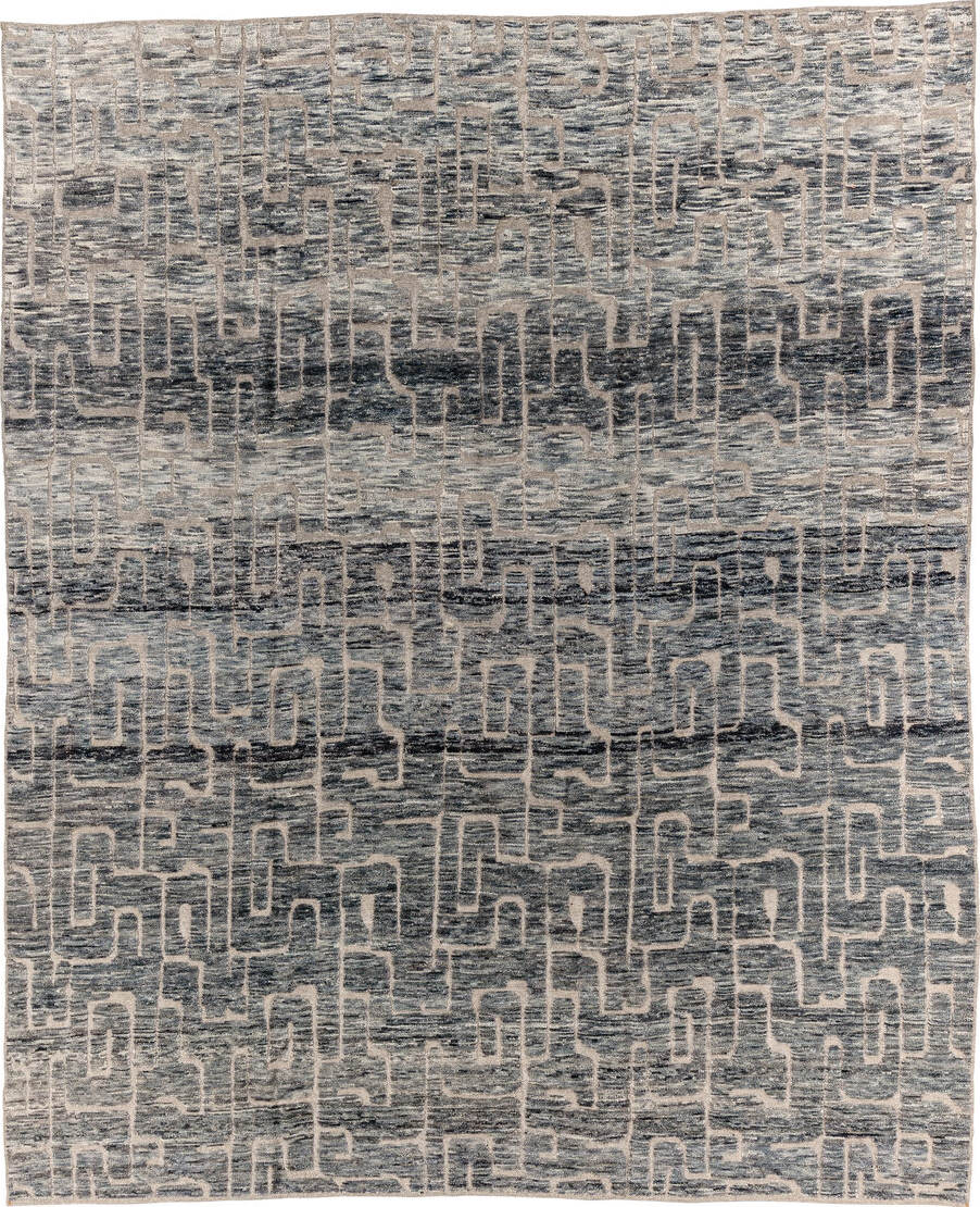 9' x 11' one-of-a-kind handmade vintage Tulu large size rug. Color palette: black, blue, charcoal, gainsboro, gray