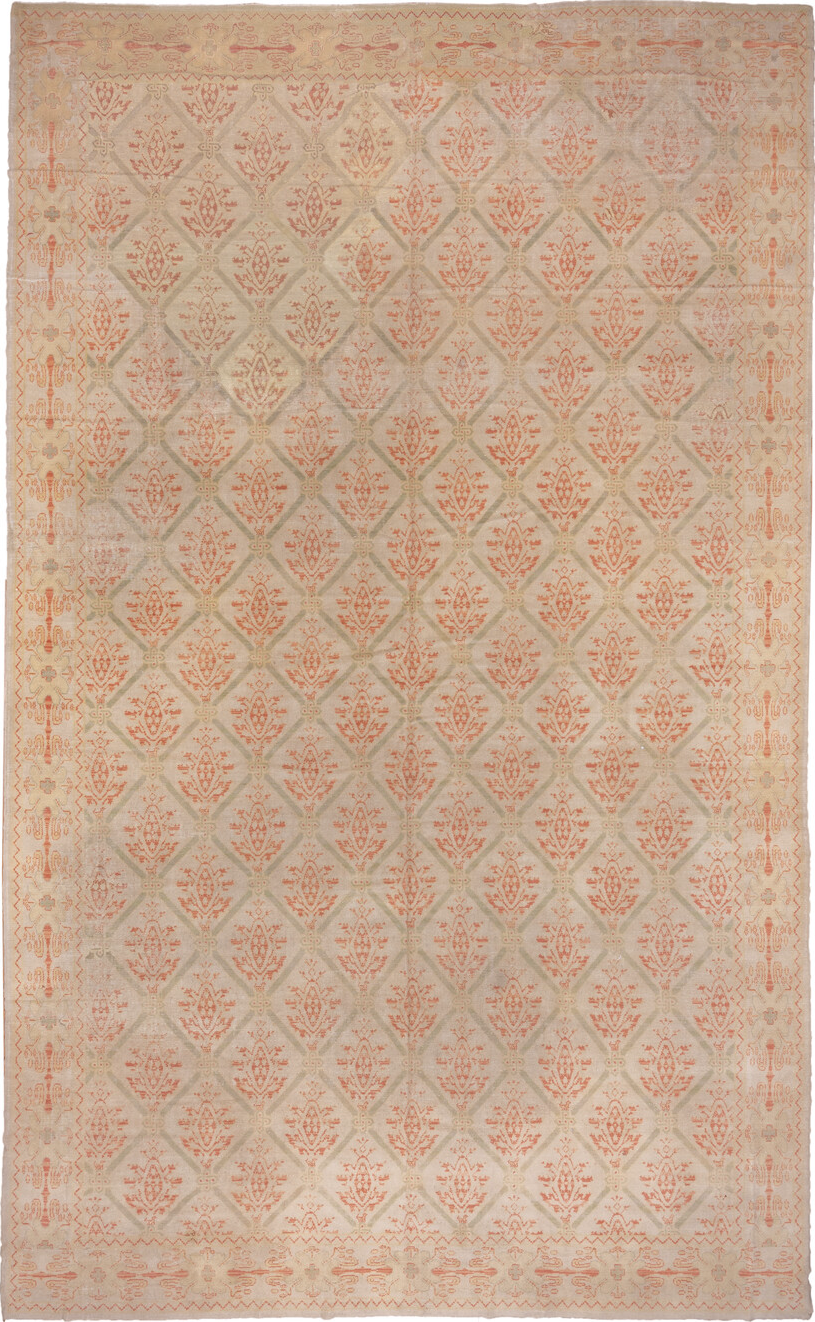 10' x 17' one-of-a-kind handmade vintage Spanish rug. Color palette: brown, gray, light gray, off-white, orange, pink