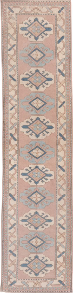 2' x 12' one-of-a-kind handmade vintage Oushak runner rug. Color palette: blue, brown, dark gray, gray, light gray