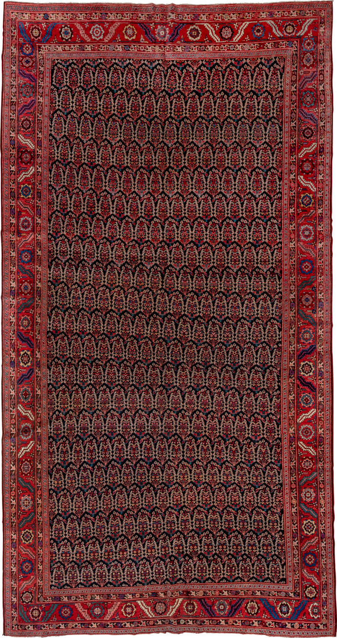 7' x 14' one-of-a-kind handmade vintage Bakhshayesh large size rug. Color palette: black, brown, fire brick, gray, pink, red