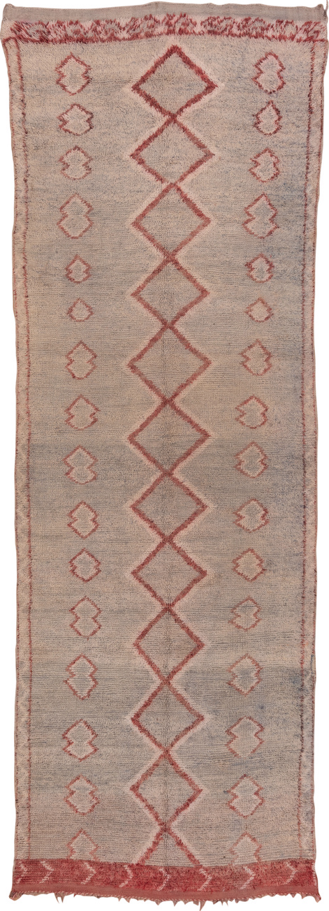 4' x 14' one-of-a-kind handmade vintage Moroccan runner rug. Color palette: brown, gray, off-white, pink, red, snow, white