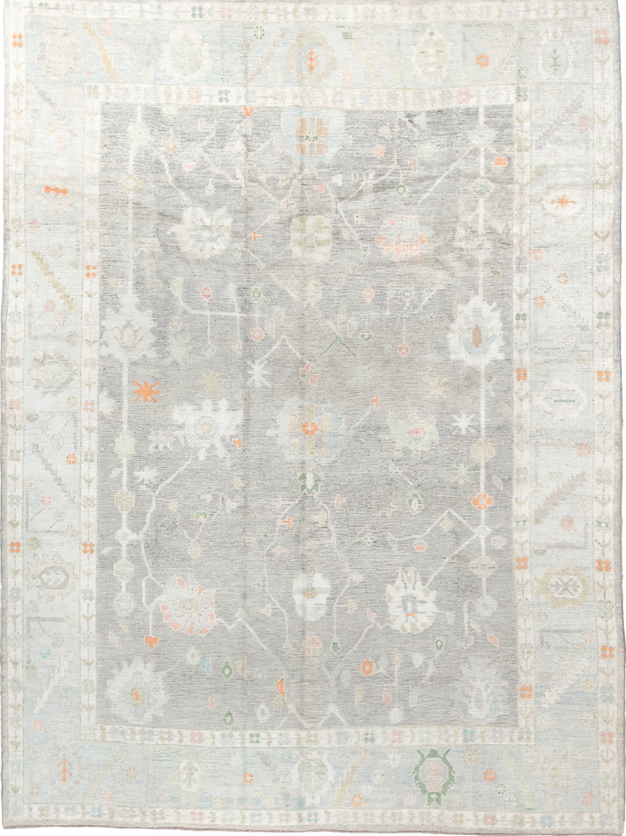 9' x 12' one-of-a-kind handmade vintage Oushak large size rug. Color palette: brown, dark gray, gainsboro, gray, light gray