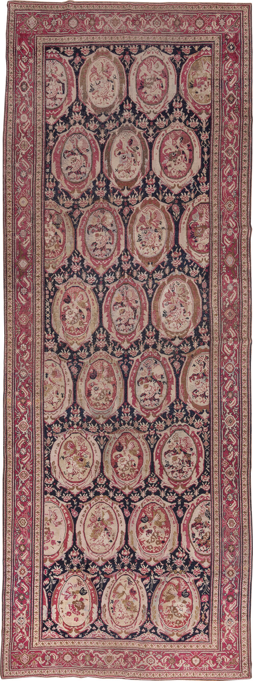 7' x 19' one-of-a-kind handmade vintage Karabagh rug. Color palette: brown, gray, pink, red