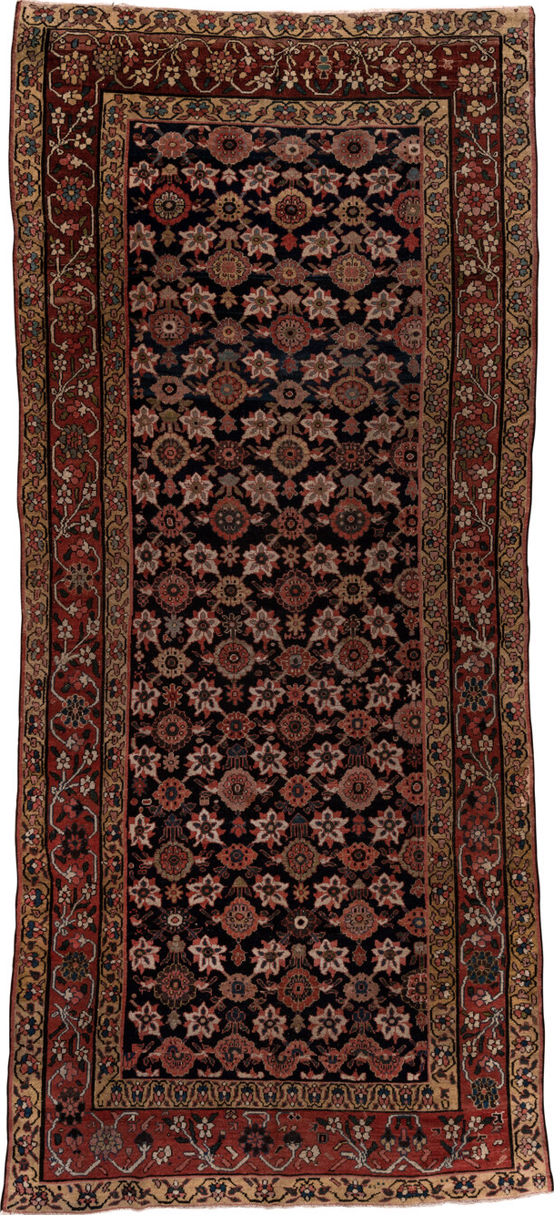 5' x 12' one-of-a-kind handmade vintage Malayer rug. Color palette: black, brown, gray, pink, red
