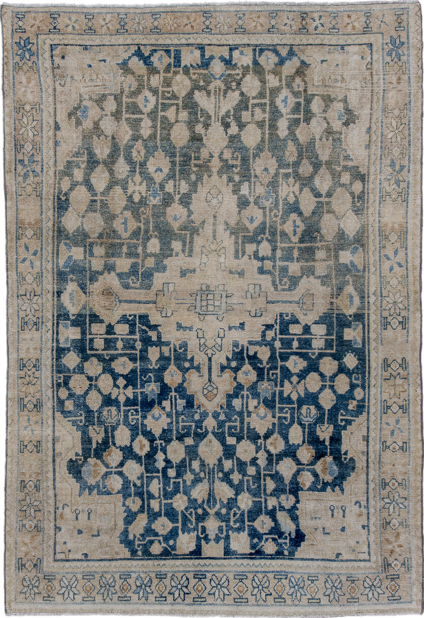 4' x 6' one-of-a-kind handmade vintage Hamadan small size rug. Color palette: arapawa, black, blue, charcoal, dark gray