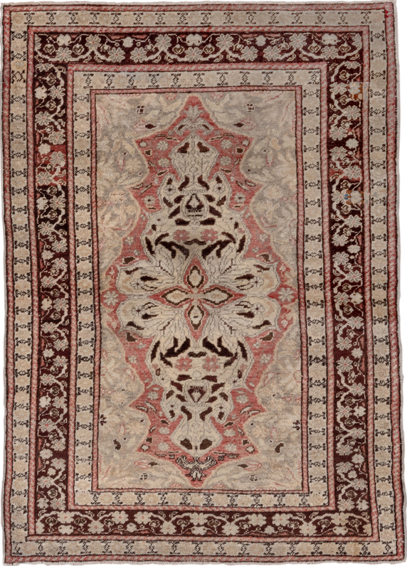 4' x 5' one-of-a-kind handmade vintage Oushak small size rug. Color palette: brown, gray, light gray, pink, red, redwood
