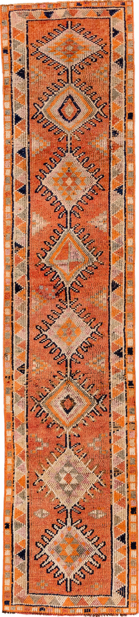 2' x 11' one-of-a-kind handmade vintage Oushak runner rug. Color palette: brown, orange, pink