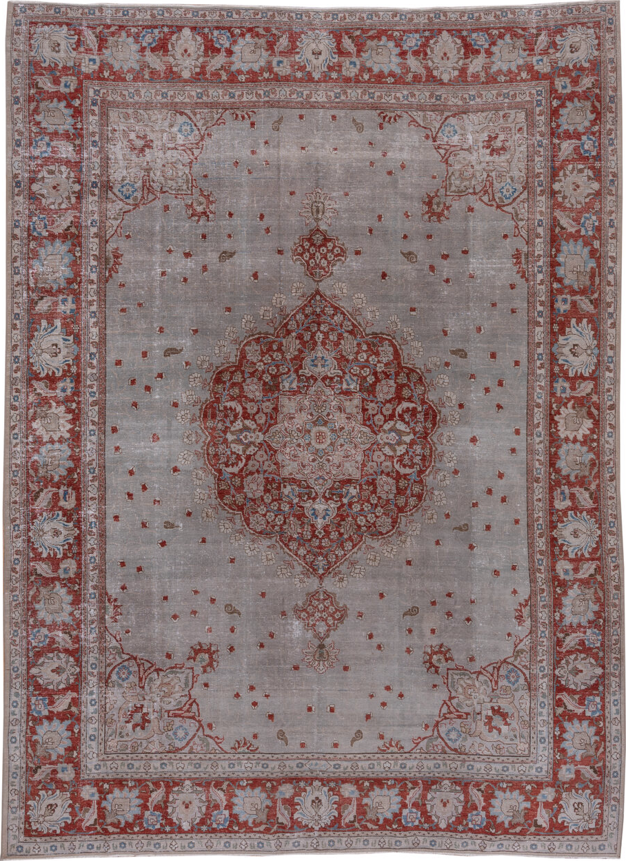 9' x 12' one-of-a-kind handmade vintage Tabriz large size rug. Color palette: blue, brown, gray, light gray, pink, red
