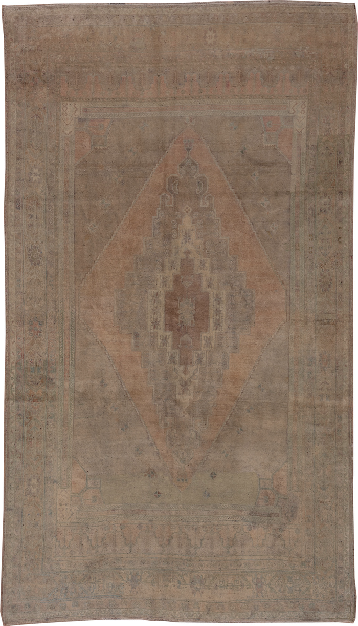 6' x 10' one-of-a-kind handmade vintage Oushak large size rug. Color palette: brown, gray, light gray, off-white, pink, snow