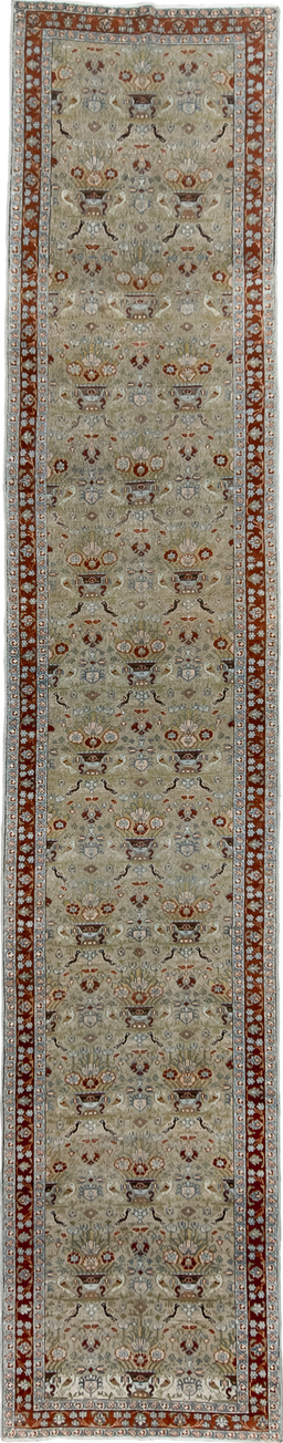 2' x 14' one-of-a-kind handmade vintage Senne runner rug. Color palette: brown, dark gray, dim gray, gray, light gray