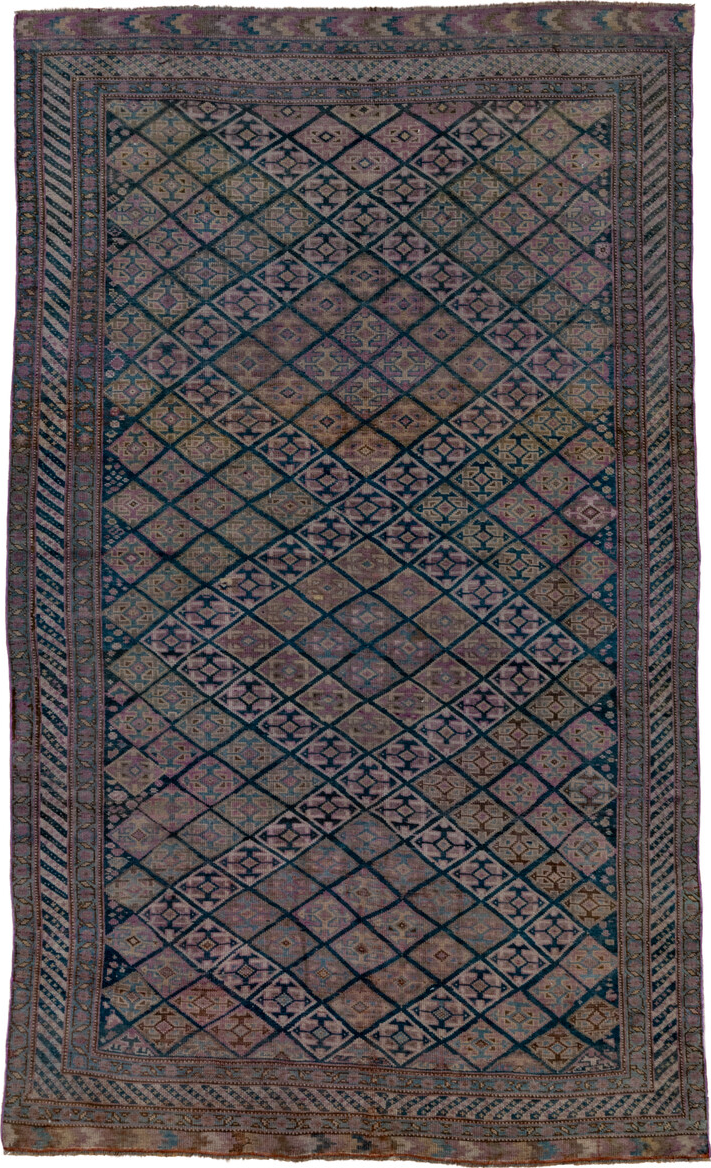 4' x 7' one-of-a-kind handmade vintage Qashqai rug. Color palette: black, blue, brown, charcoal, dim gray, gray
