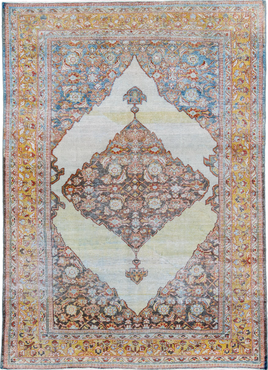 5' x 8' one-of-a-kind handmade vintage Mahal medium size rug. Color palette: blue, brown, dim gray, gainsboro, gray