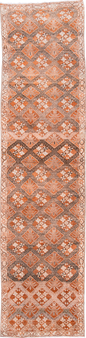 3' x 13' one-of-a-kind handmade vintage Sparta runner rug. Color palette: antiquewhite, brown, gray, light gray, linen