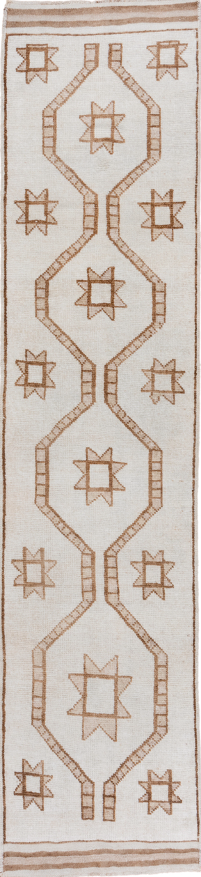 3' x 14' one-of-a-kind handmade vintage Kars runner rug. Color palette: brown, gainsboro, gray, light gray, off-white, pink