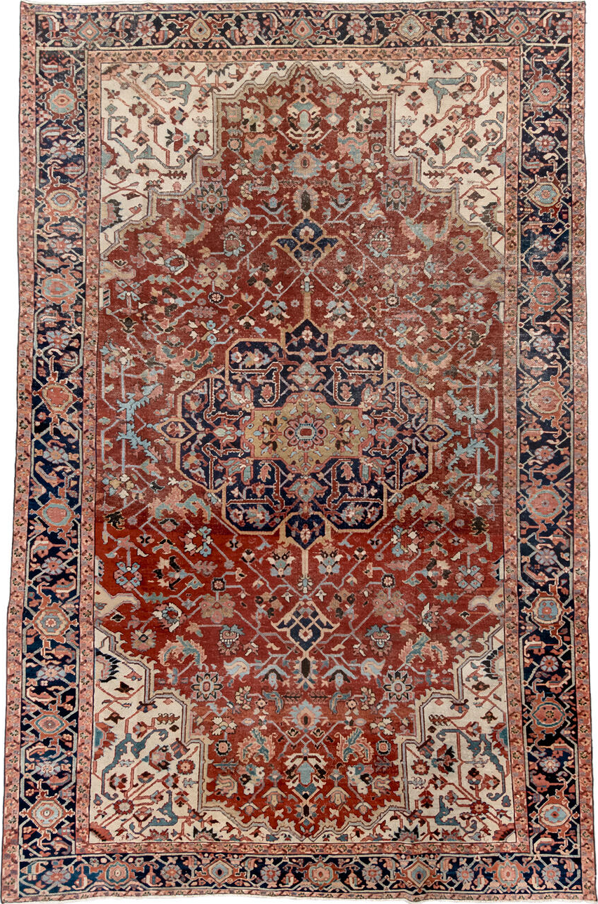 7' x 11' one-of-a-kind handmade vintage Heriz large size rug. Color palette: gray, blue, pink, light gray, brown, black, red