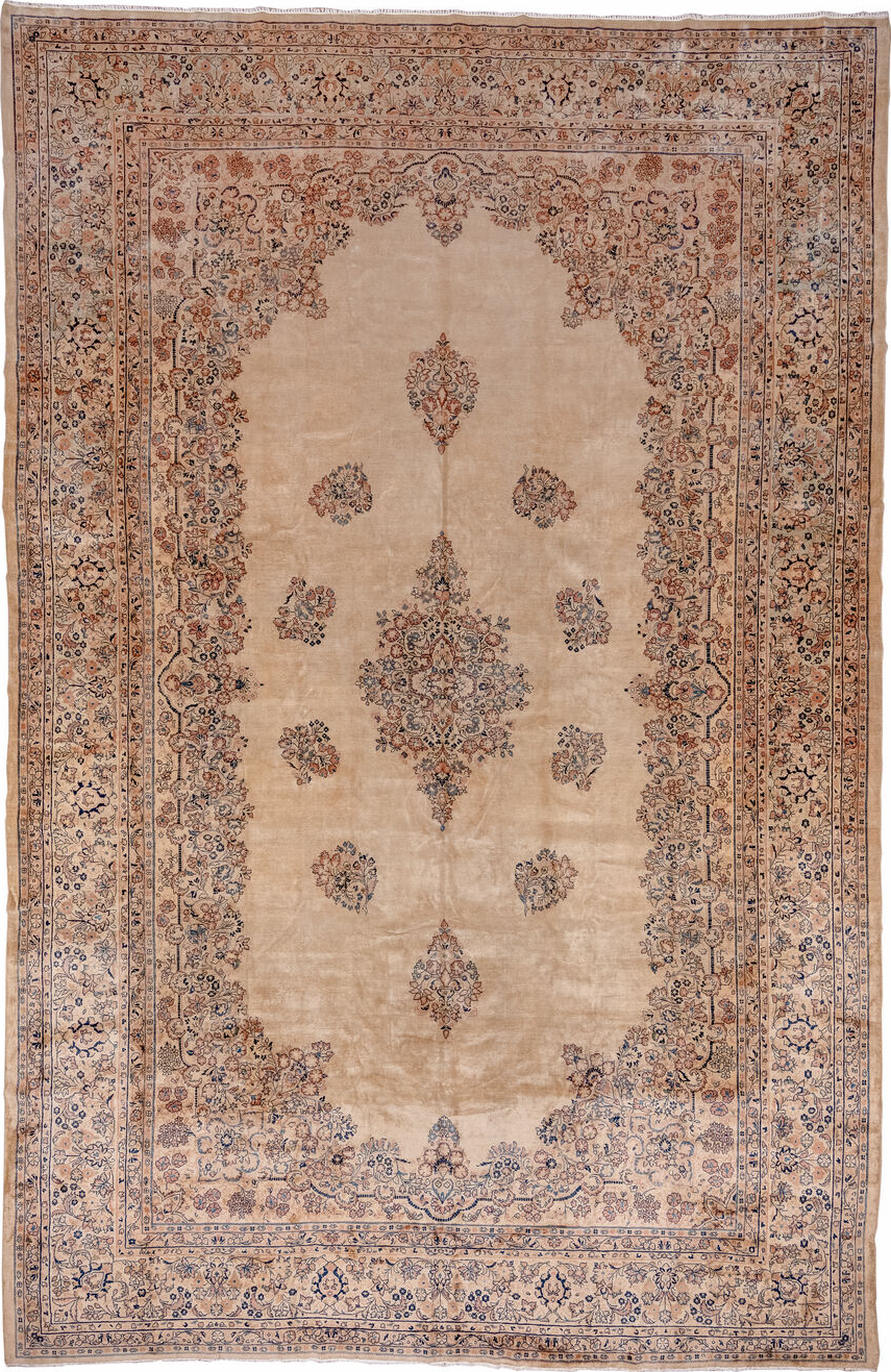 12' x 18' one-of-a-kind handmade vintage Sarouk oversize rug. Color palette: black, blue, brown, gray, light gray, off-white