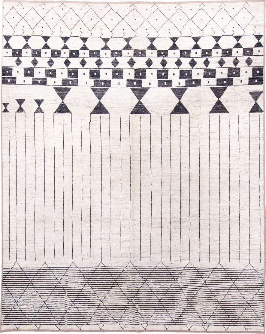 9' x 12' one-of-a-kind handmade vintage Tulu large size rug. Color palette: black, blue, dark gray, dim gray, floral white